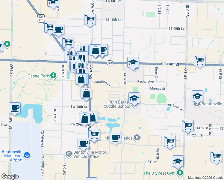 map of restaurants, bars, coffee shops, grocery stores, and more near 219 Winesap Lane in Bentonville