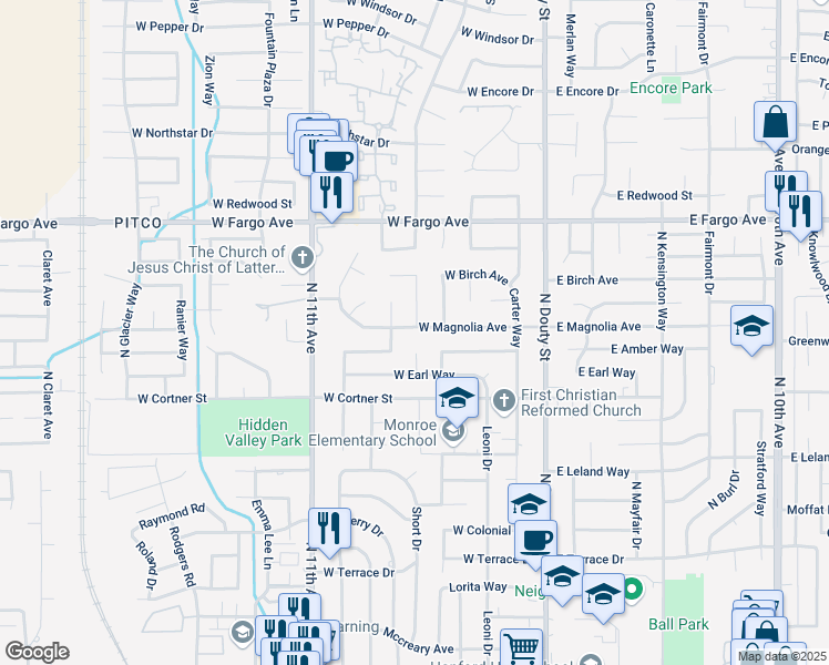 map of restaurants, bars, coffee shops, grocery stores, and more near 200-392 West Magnolia Avenue in Hanford