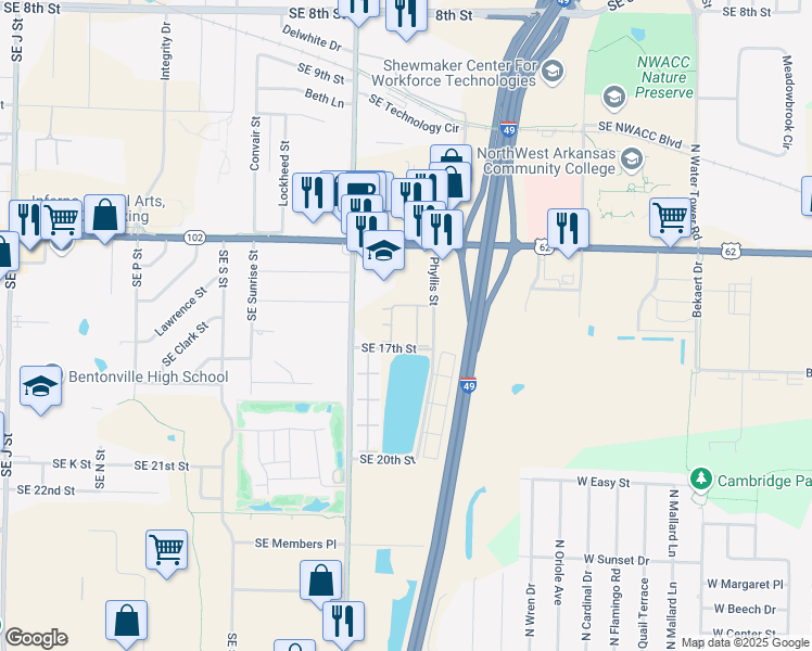 map of restaurants, bars, coffee shops, grocery stores, and more near 1600 Phyllis Street in Bentonville