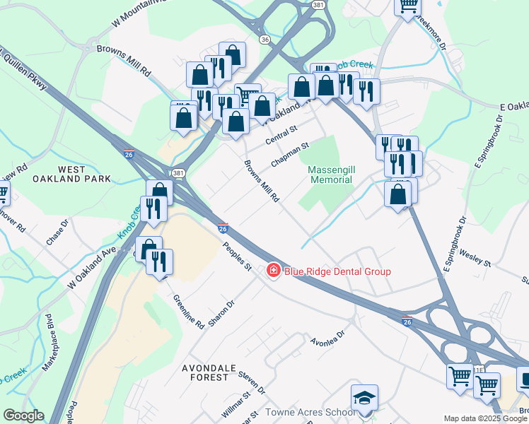 map of restaurants, bars, coffee shops, grocery stores, and more near 2821 Browns Mill Road in Johnson City
