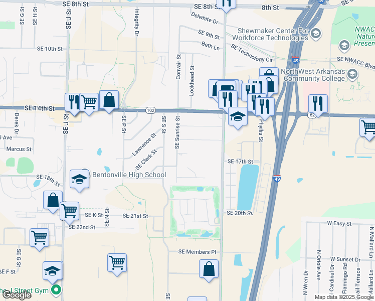 map of restaurants, bars, coffee shops, grocery stores, and more near 2107 Southeast 17th Street in Bentonville