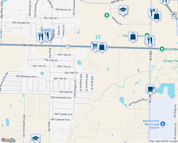 map of restaurants, bars, coffee shops, grocery stores, and more near 1904 Southwest 18th Street in Bentonville