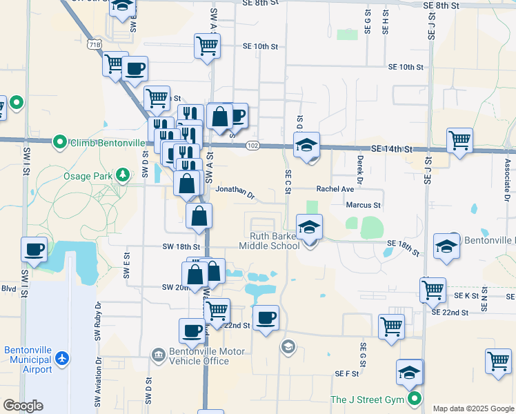 map of restaurants, bars, coffee shops, grocery stores, and more near 219 Winesap Lane in Bentonville