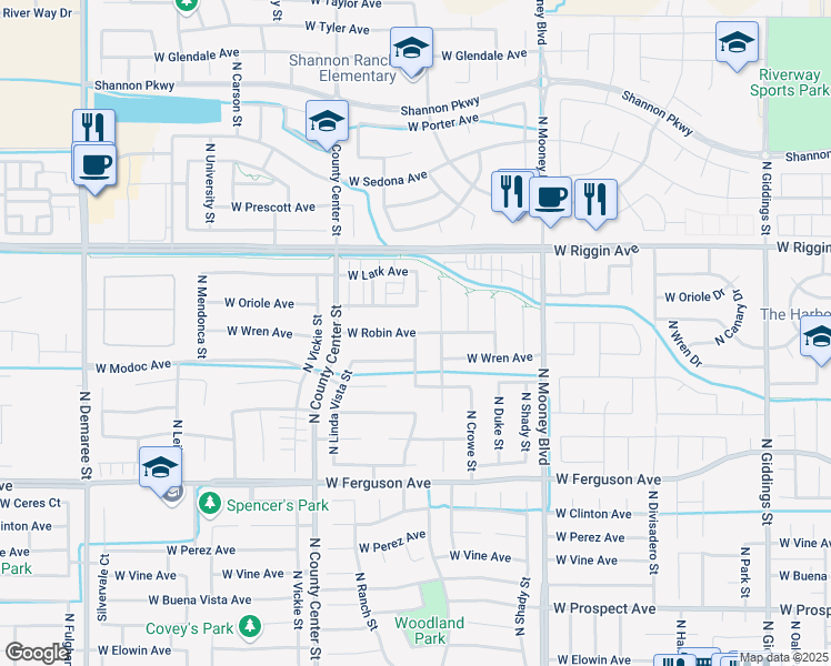 map of restaurants, bars, coffee shops, grocery stores, and more near 2911 North Zachary Street in Visalia