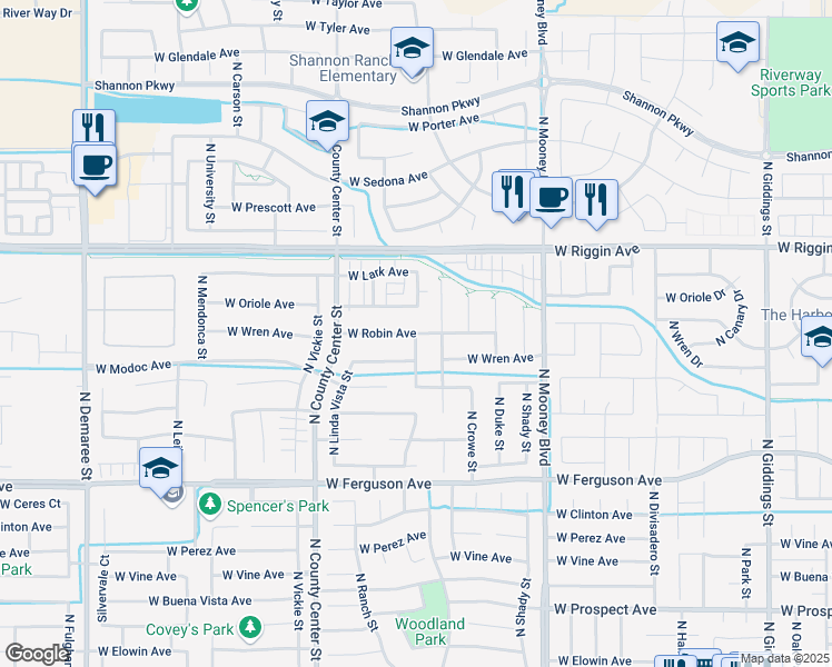 map of restaurants, bars, coffee shops, grocery stores, and more near 2907 North Zachary Street in Visalia