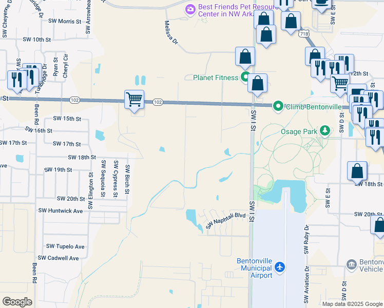 map of restaurants, bars, coffee shops, grocery stores, and more near 1701 Mayflower Road in Bentonville