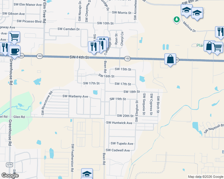 map of restaurants, bars, coffee shops, grocery stores, and more near 2500 Southwest 18th Street in Bentonville