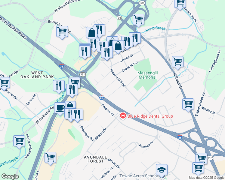 map of restaurants, bars, coffee shops, grocery stores, and more near 608 Hazel St in Johnson City