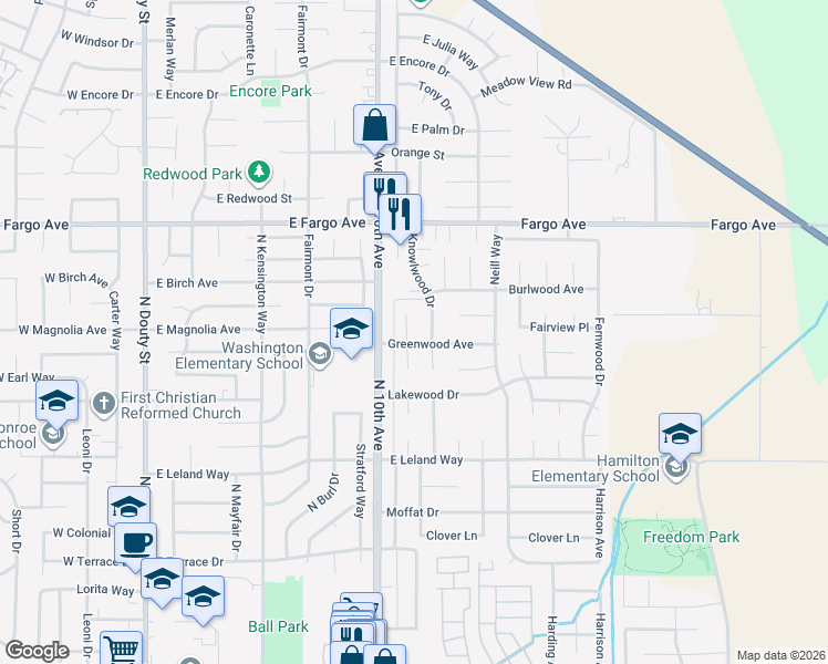 map of restaurants, bars, coffee shops, grocery stores, and more near 2289 Lemonwood Court in Hanford
