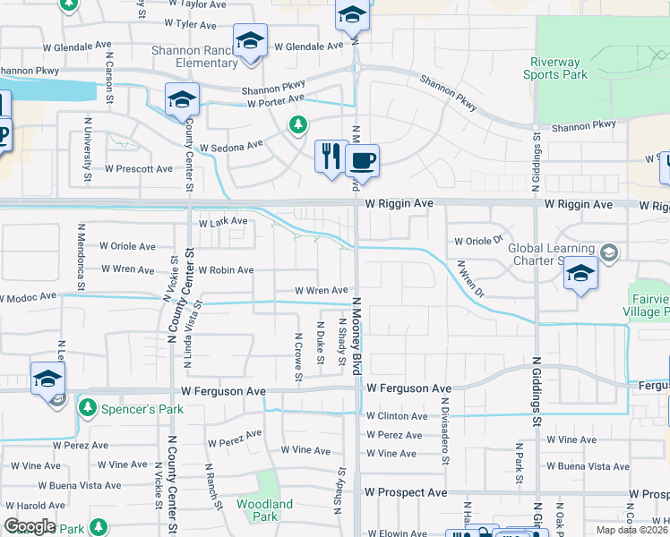 map of restaurants, bars, coffee shops, grocery stores, and more near 2710 North Duke Court in Visalia