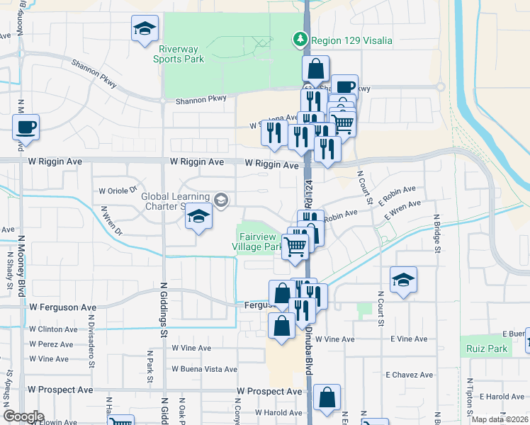 map of restaurants, bars, coffee shops, grocery stores, and more near 711 West Robin Drive in Visalia