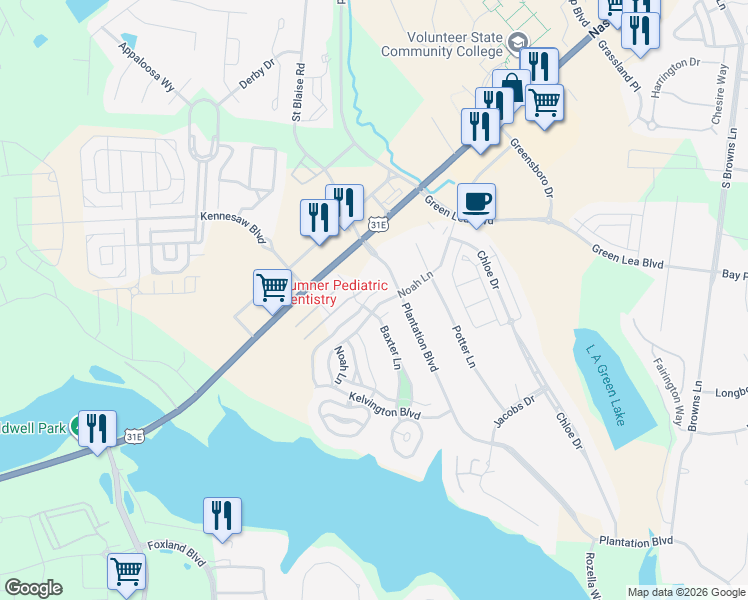 map of restaurants, bars, coffee shops, grocery stores, and more near 1652 Noah Lane in Gallatin