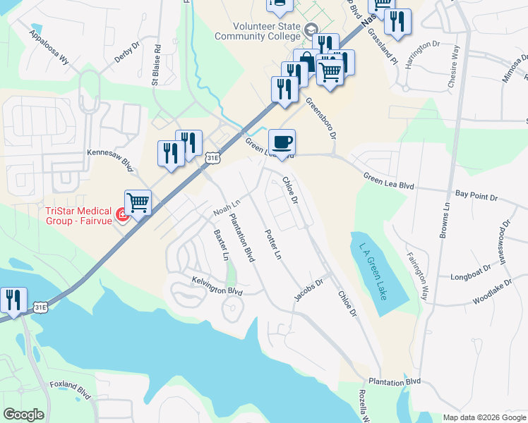 map of restaurants, bars, coffee shops, grocery stores, and more near 1237 Potter Lane in Gallatin
