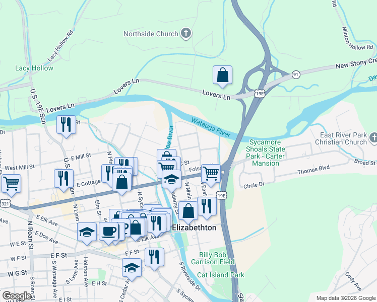 map of restaurants, bars, coffee shops, grocery stores, and more near 613 North East Street in Elizabethton
