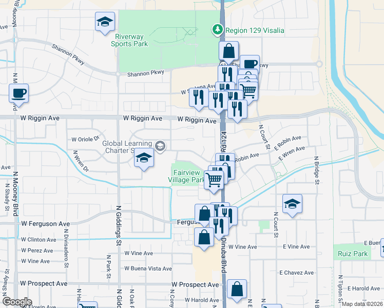 map of restaurants, bars, coffee shops, grocery stores, and more near 711 West Robin Drive in Visalia