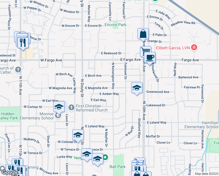 map of restaurants, bars, coffee shops, grocery stores, and more near 391 East Magnolia Avenue in Hanford