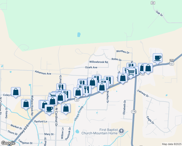 map of restaurants, bars, coffee shops, grocery stores, and more near 1228 Commerce Drive in Mountain Home