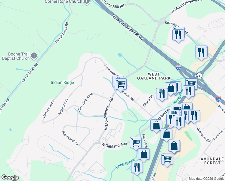 map of restaurants, bars, coffee shops, grocery stores, and more near 510 West Mountainview Road in Johnson City