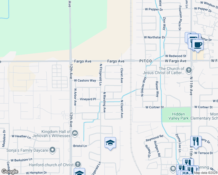 map of restaurants, bars, coffee shops, grocery stores, and more near 1411 West Bella Oaks Way in Hanford
