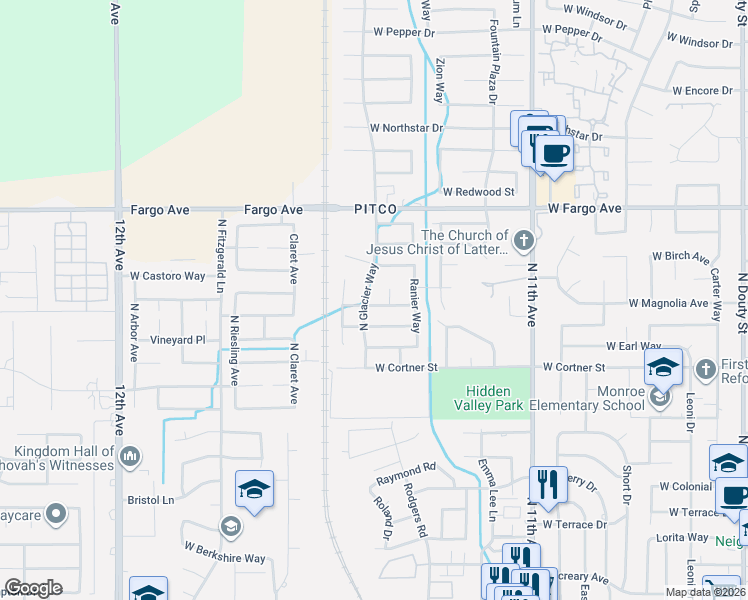 map of restaurants, bars, coffee shops, grocery stores, and more near 1210 West Muir Way in Hanford