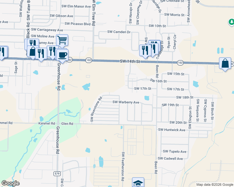 map of restaurants, bars, coffee shops, grocery stores, and more near 1701 Southwest Stonegrove Road in Bentonville
