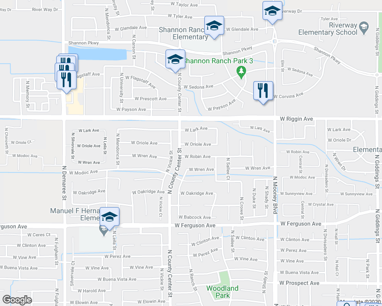map of restaurants, bars, coffee shops, grocery stores, and more near 2736 West Robin Avenue in Visalia