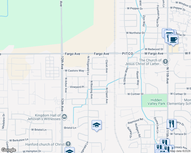 map of restaurants, bars, coffee shops, grocery stores, and more near 1411 West Bella Oaks Way in Hanford