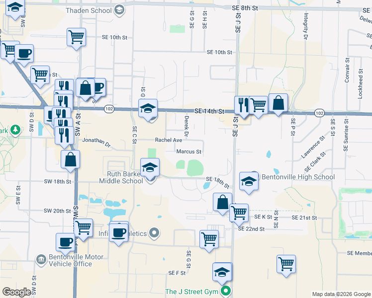 map of restaurants, bars, coffee shops, grocery stores, and more near 815 Marcus Street in Bentonville