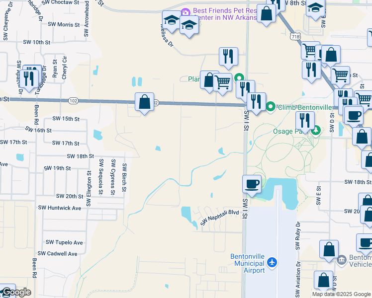 map of restaurants, bars, coffee shops, grocery stores, and more near 1701 Mayflower Road in Bentonville