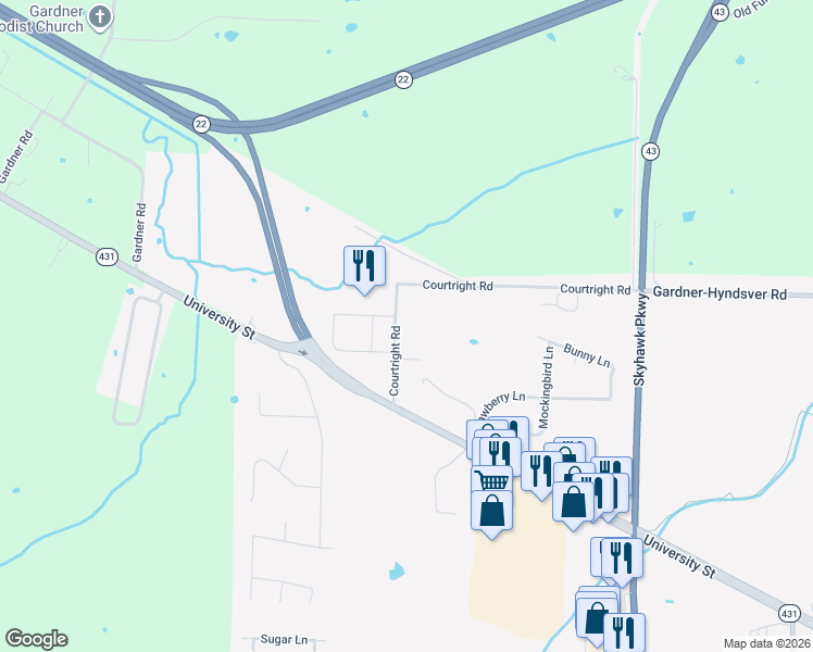 map of restaurants, bars, coffee shops, grocery stores, and more near 128-144 Courtright Road in Martin