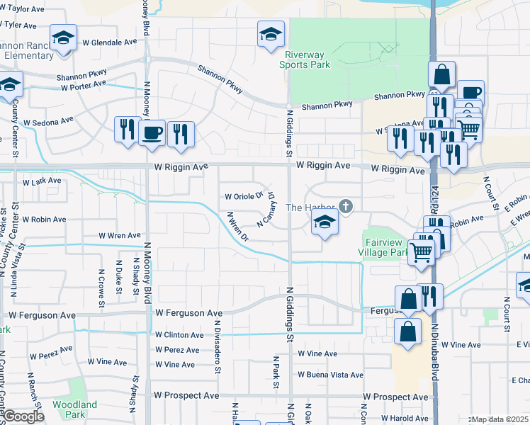 map of restaurants, bars, coffee shops, grocery stores, and more near 2725 North Canary Drive in Visalia