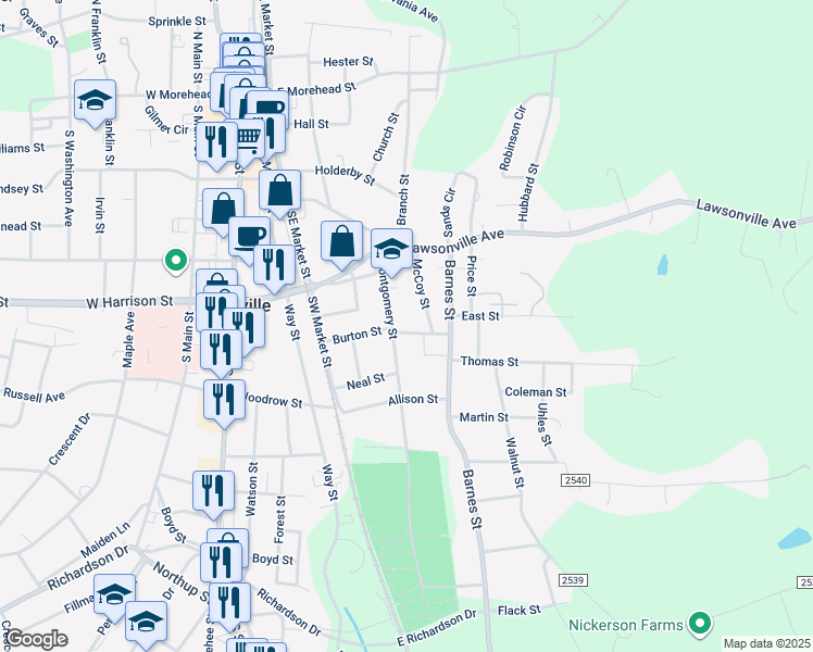 map of restaurants, bars, coffee shops, grocery stores, and more near 308 Thompsonville Street in Reidsville