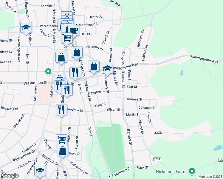 map of restaurants, bars, coffee shops, grocery stores, and more near 308 Thompsonville Street in Reidsville