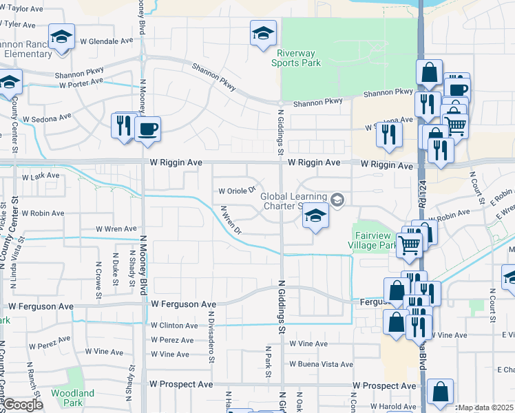 map of restaurants, bars, coffee shops, grocery stores, and more near 2725 North Canary Drive in Visalia