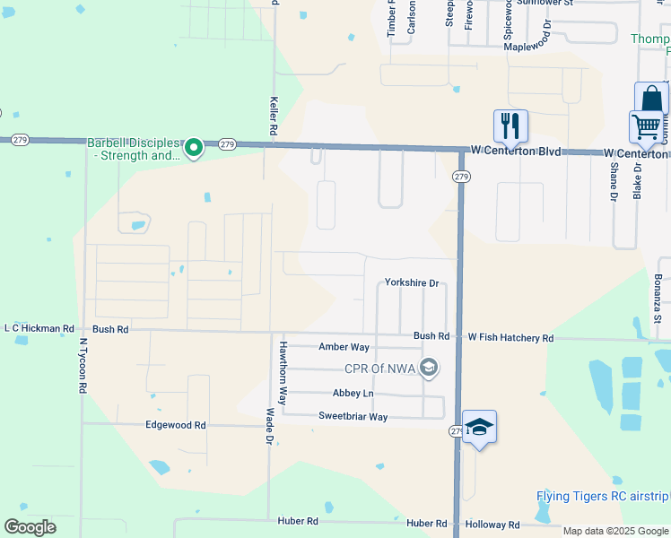 map of restaurants, bars, coffee shops, grocery stores, and more near 12698 Bush Road in Centerton