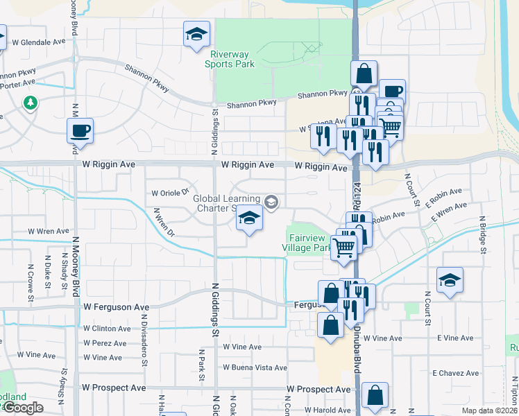 map of restaurants, bars, coffee shops, grocery stores, and more near 1051 West Robin Drive in Visalia