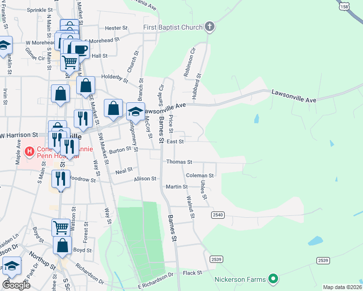 map of restaurants, bars, coffee shops, grocery stores, and more near 605 Eastside Drive in Reidsville