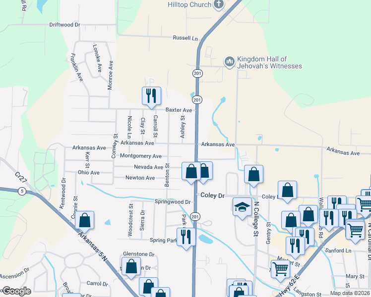 map of restaurants, bars, coffee shops, grocery stores, and more near 102 Arkansas Avenue in Mountain Home
