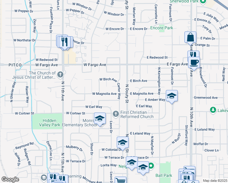 map of restaurants, bars, coffee shops, grocery stores, and more near 200 West Magnolia Avenue in Hanford