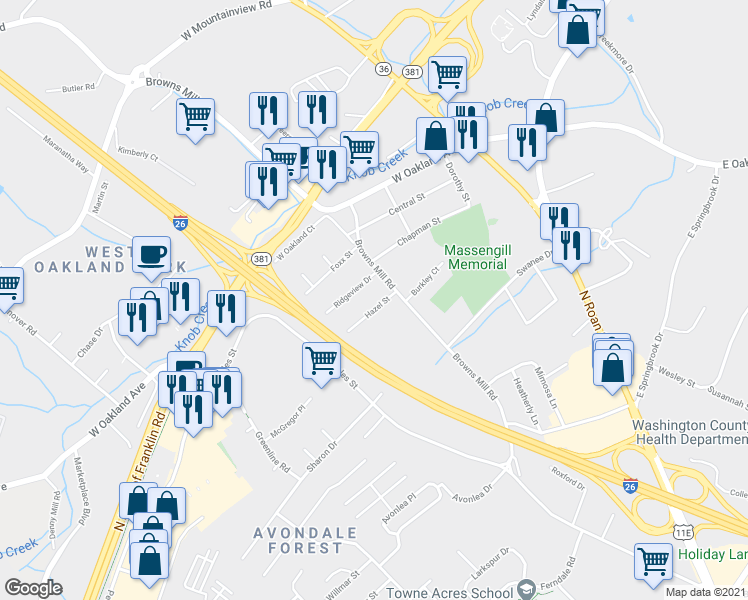 map of restaurants, bars, coffee shops, grocery stores, and more near 604 Hazel Street in Johnson City