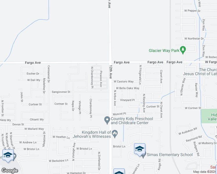 map of restaurants, bars, coffee shops, grocery stores, and more near 2315 Warhol Avenue in Hanford