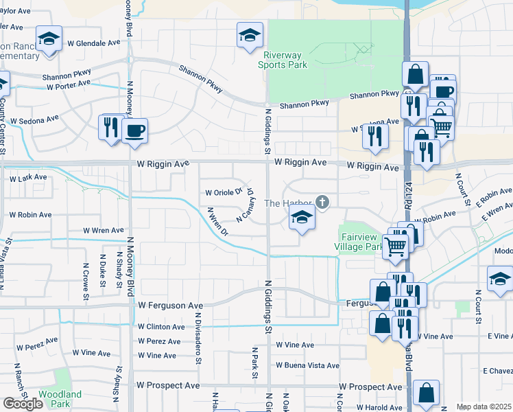 map of restaurants, bars, coffee shops, grocery stores, and more near 2725 North Canary Drive in Visalia