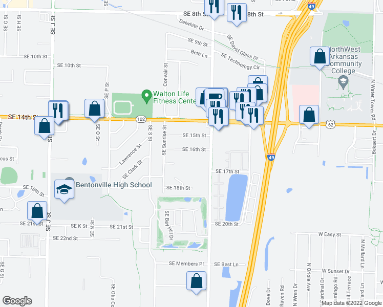 map of restaurants, bars, coffee shops, grocery stores, and more near 2302 Southeast 16th Street in Bentonville