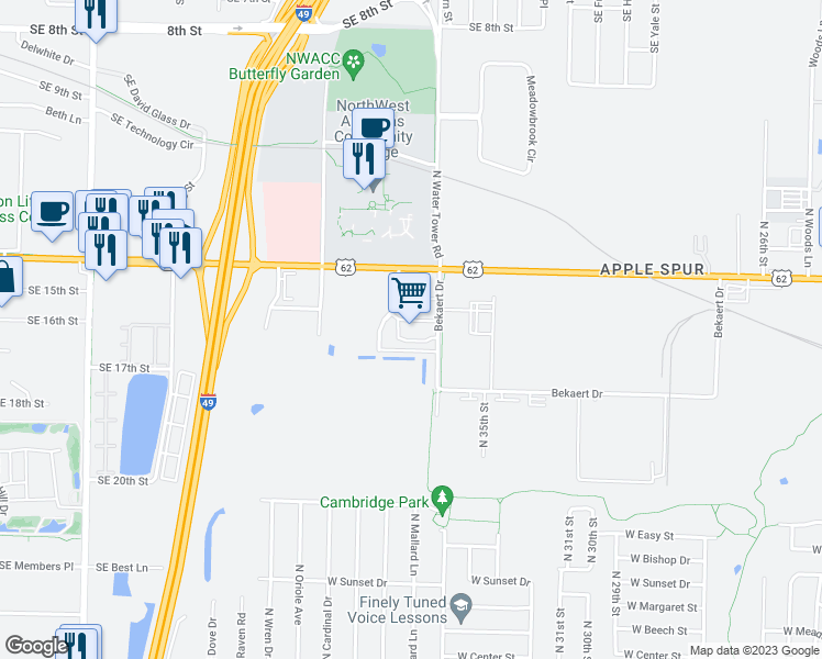 map of restaurants, bars, coffee shops, grocery stores, and more near 3510 Southeast 14th Street in Bentonville