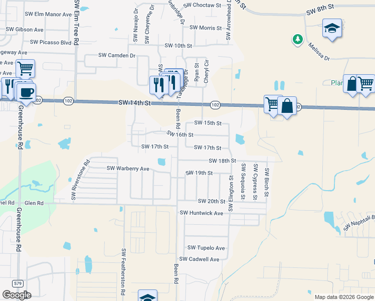 map of restaurants, bars, coffee shops, grocery stores, and more near 2500 Southwest 18th Street in Bentonville
