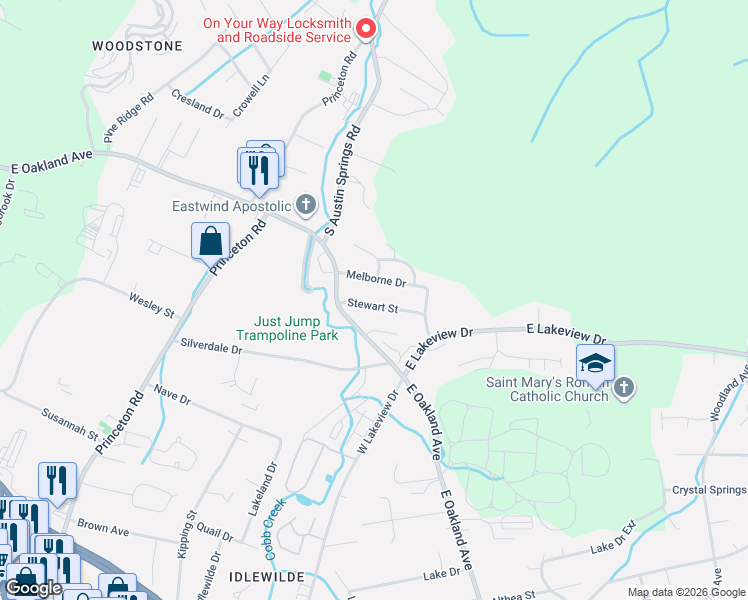 map of restaurants, bars, coffee shops, grocery stores, and more near 2411 Stewart Street in Johnson City