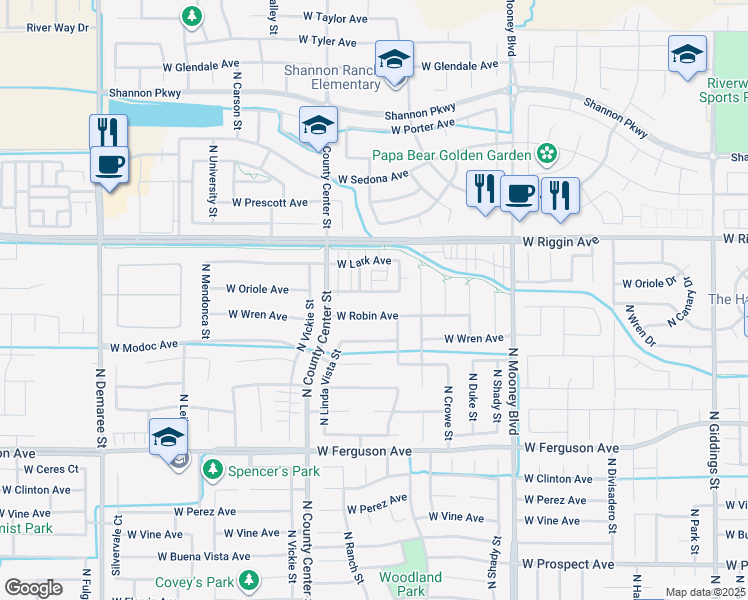 map of restaurants, bars, coffee shops, grocery stores, and more near 2601 West Oriole Avenue in Visalia