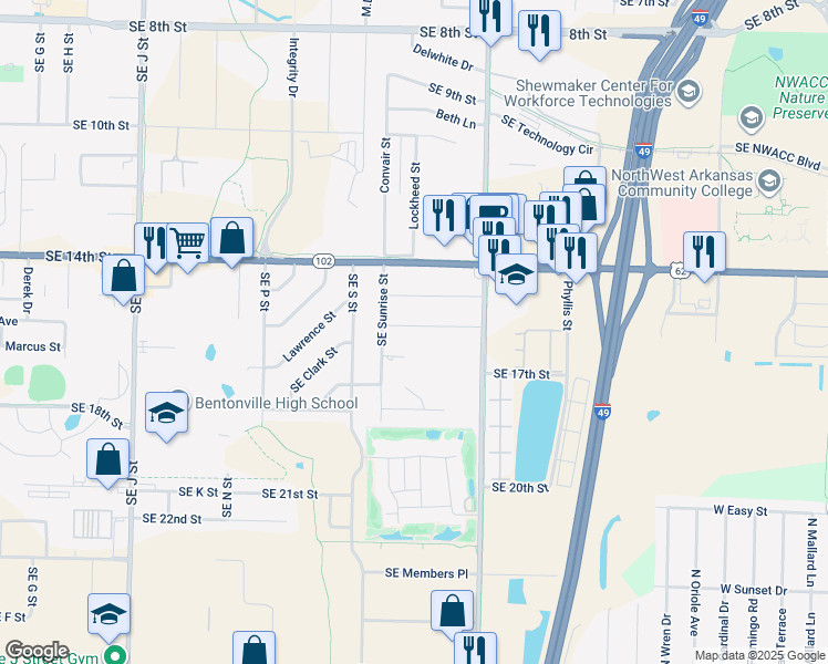 map of restaurants, bars, coffee shops, grocery stores, and more near 2107 Southeast 17th Street in Bentonville
