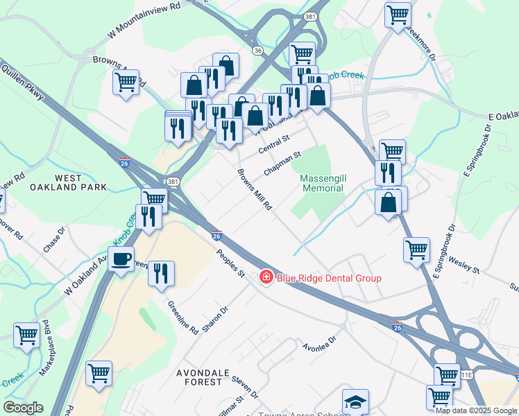map of restaurants, bars, coffee shops, grocery stores, and more near 2821 Browns Mill Road in Johnson City