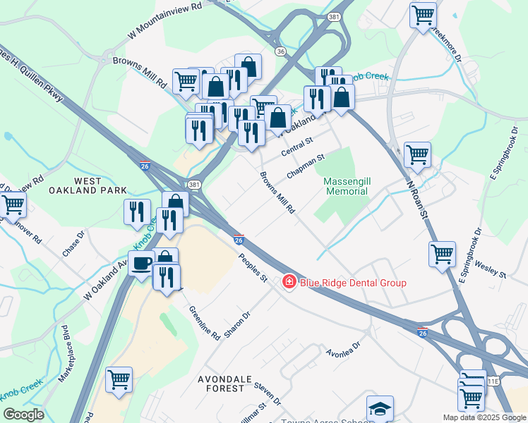 map of restaurants, bars, coffee shops, grocery stores, and more near 608 Hazel Street in Johnson City